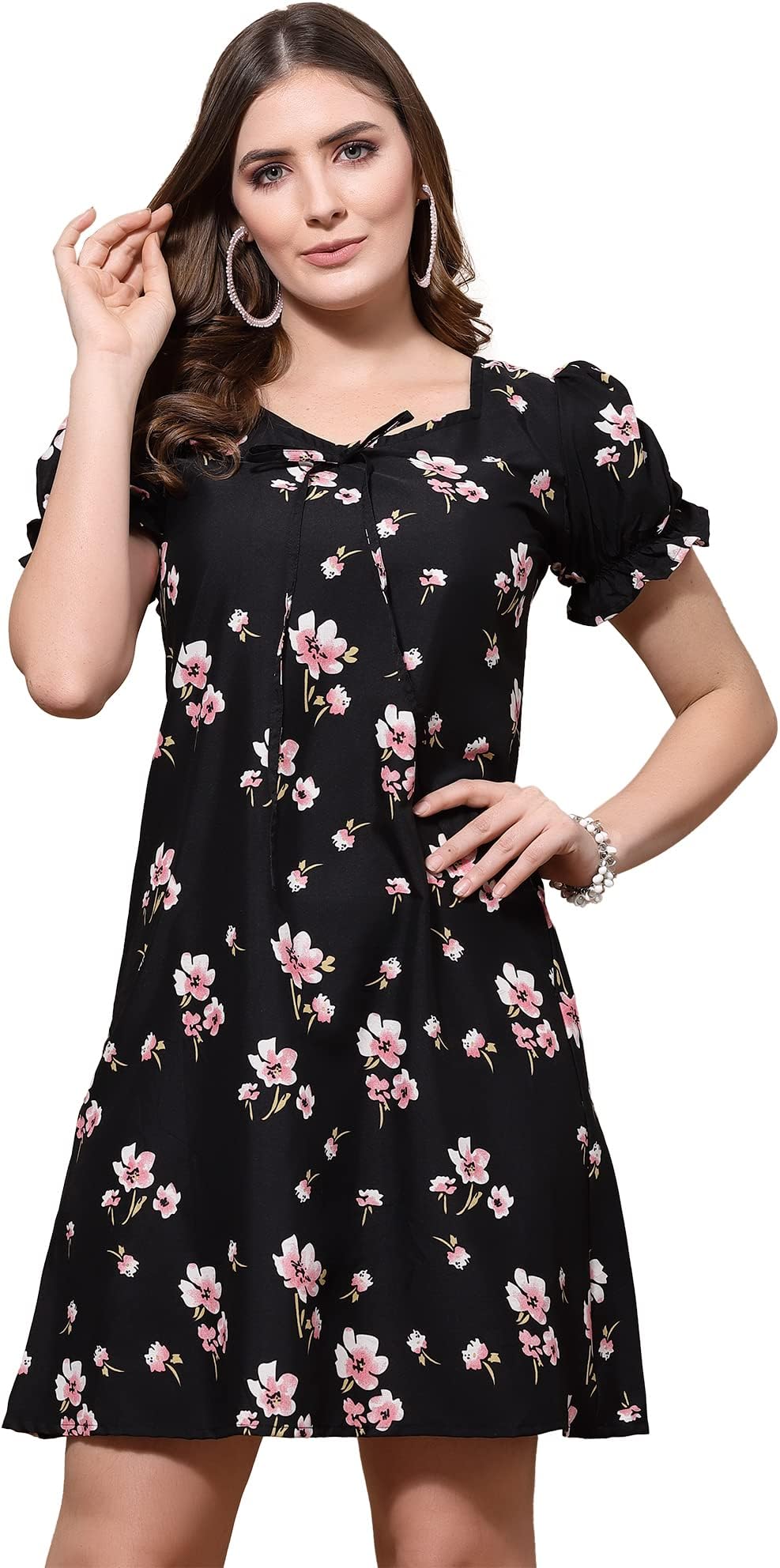 Women's Western & Fusion wear Mini/Short Dress in Crepe Fabric with U - Neck and Puff Sleeves