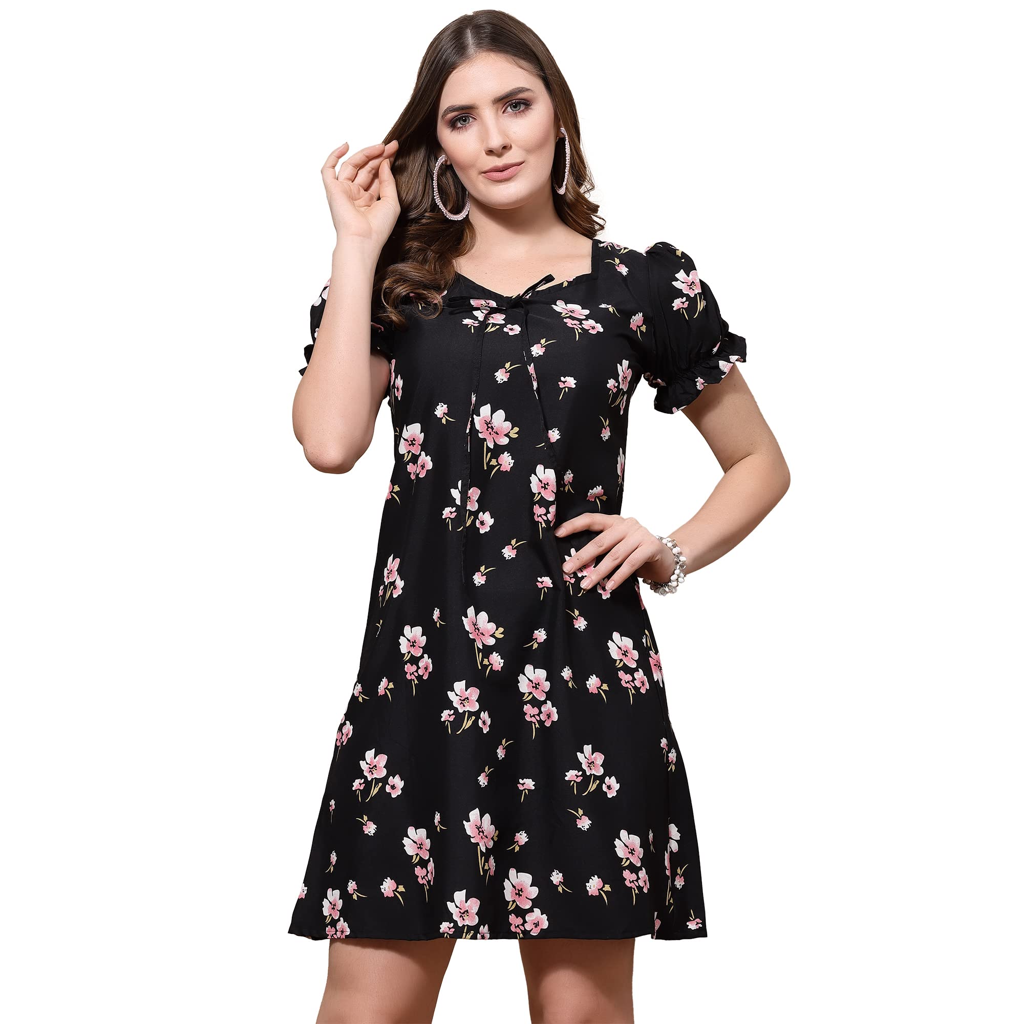 Oomph!Women's Western & Fusion wear Mini/Short Dress in Crepe Fabric with U - Neck and Puff Sleeves