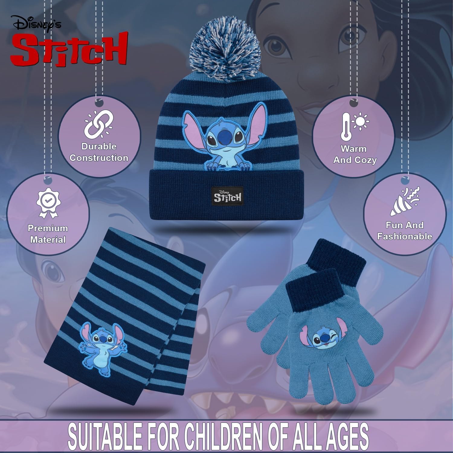 Disney Lilo and Stitch Kids Beanie Hat and Glove Set for Girls – Blue Stitch Hat for Girls Ages 5-13 - Image 3