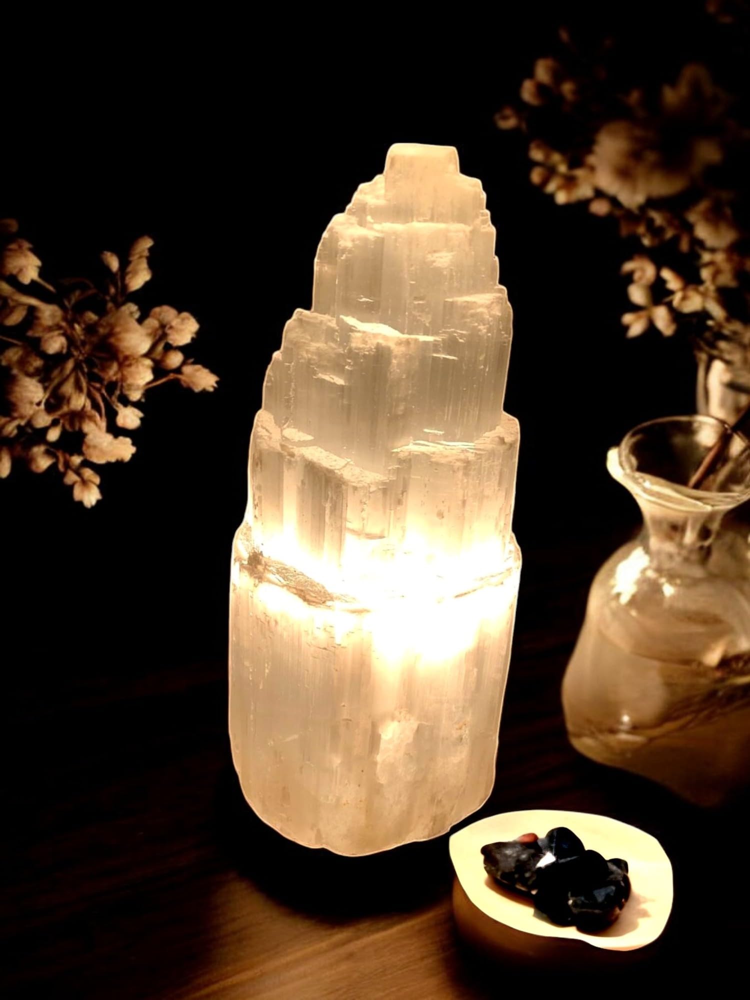 Pro Home Natural Selenite Lamp Healing Selenite Crystal Charging Mountain Tower Lamps for Meditation Spiritual Energy Decoration or Gift (20cm)