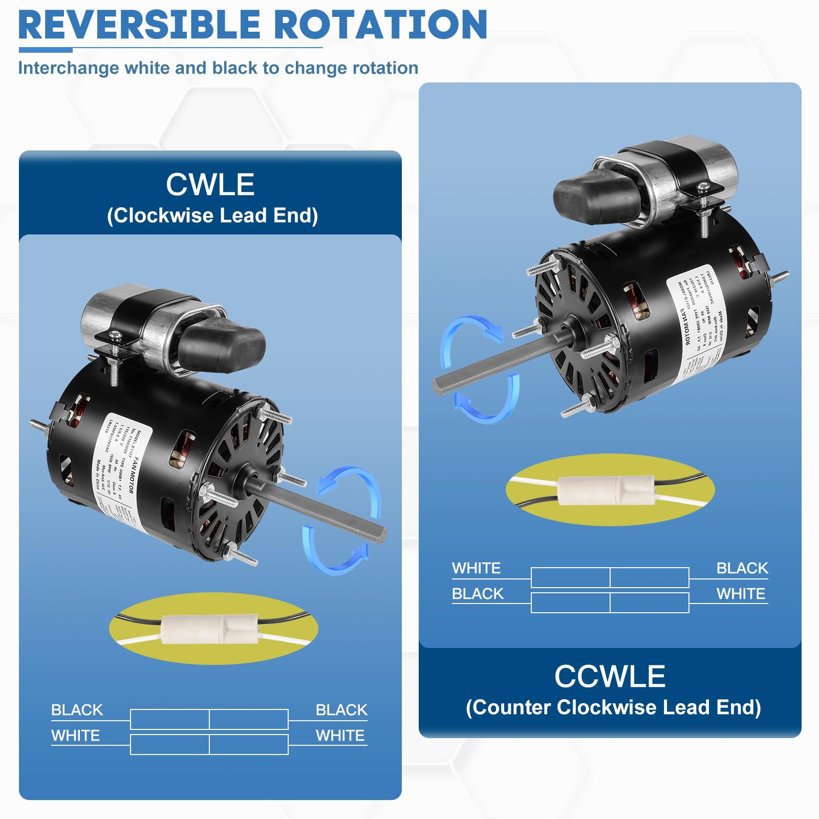 Motor HVAC D1127, 1/12 HP 1550 RPM, 115/230V CA, rotación reversible, protección térmica, diseño a prueba de goteo para sistemas de ventilación