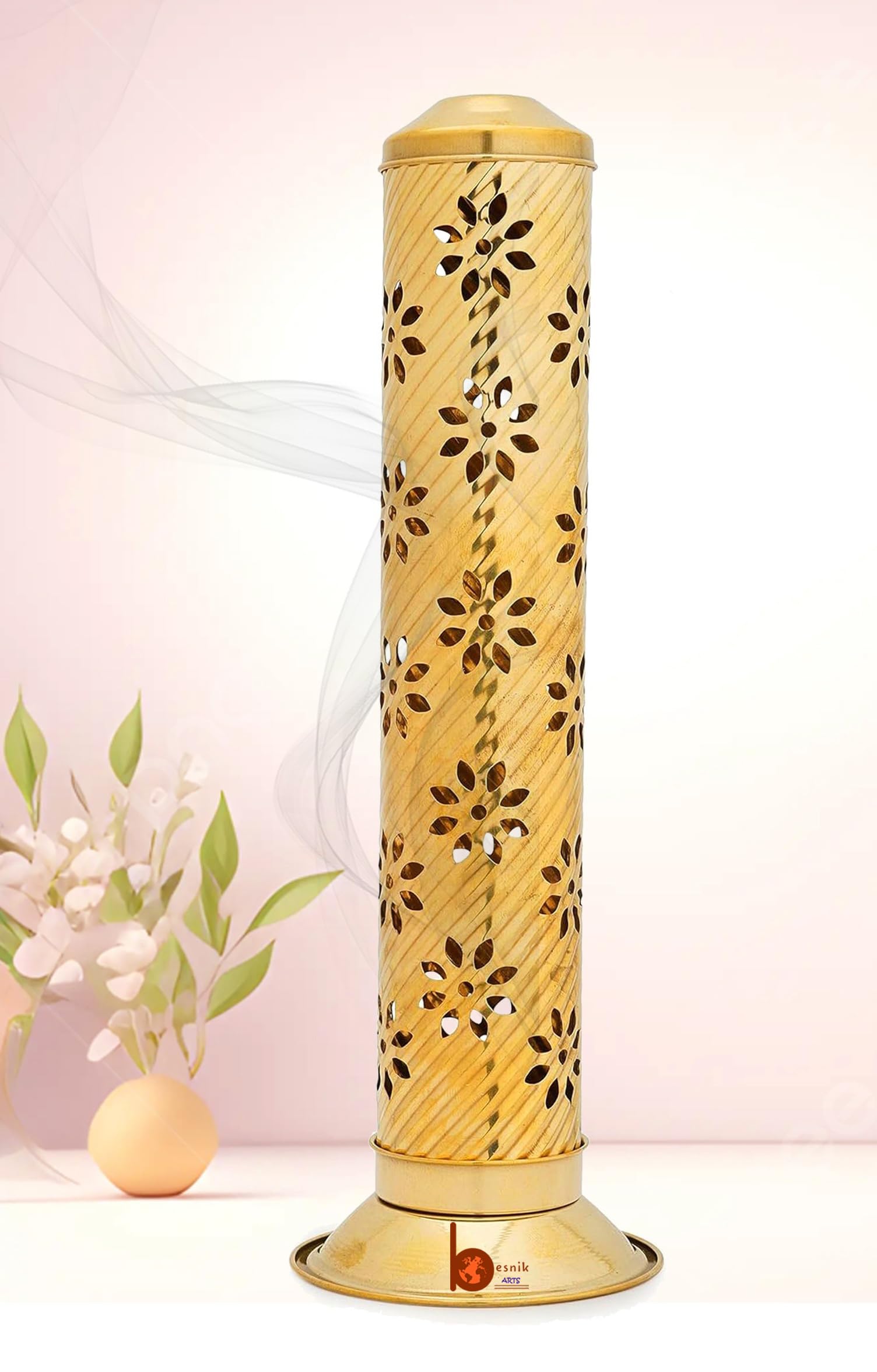 Besnik Arts Pure Brass Flower Agarbatti /Incense Stick Stand/Holder with Dust and Burn Safety Ash Catcher (Gold , Height : 11.5 Inch)(Cylindrical)-image-22