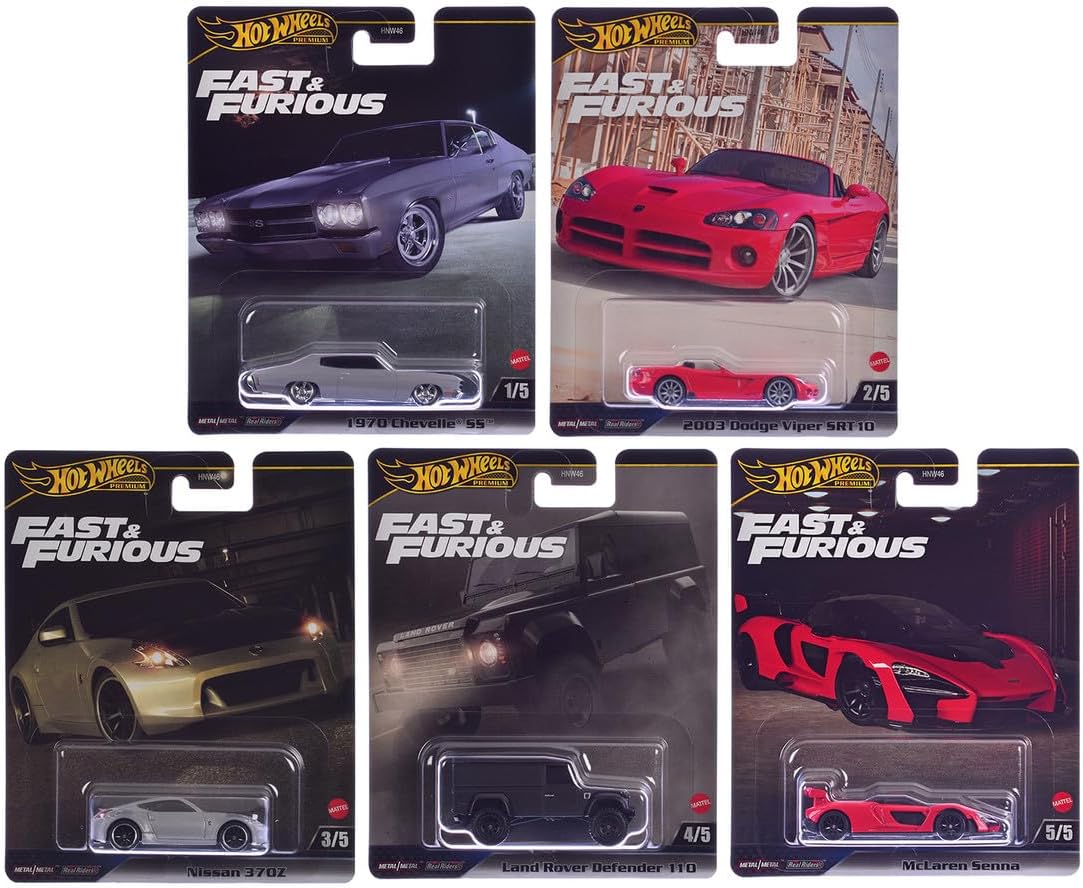 Fast & Furious Premium Die-Cast Cars Bundle, 5-Pack Set, 1970 Chevelle SS, Dodge Viper, Nissan 370Z, Land Rover Defender, McLaren Senna HNW46-956J