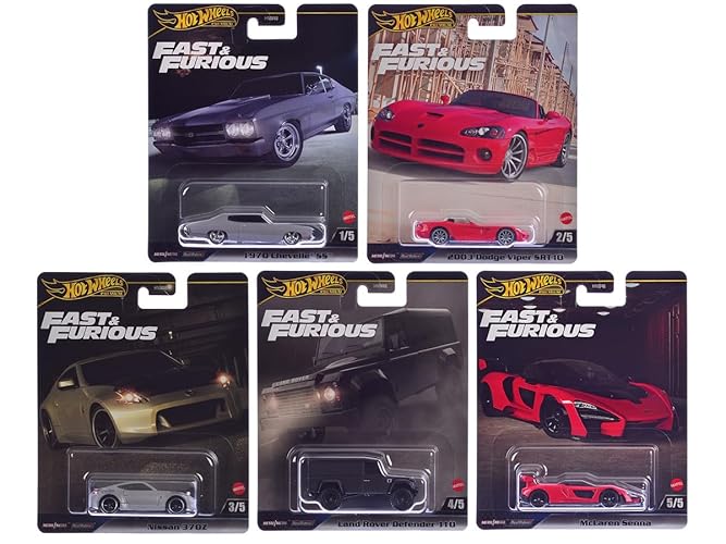 Hot Wheels Fast & Furious Premium Die-Cast Cars Bundle, 5-Pack Set, 1970 Chevelle SS, Dodge Viper, Nissan 370Z, Land Rover Defender, McLaren Senna HNW46-956J
