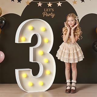 Marquee Numbers 4 Feet Tall Large Light up Numbers 3 for Decor | 4FT Big Numbers 3 With Warm White Light, Foam Board, Assembly Required, Birthday Party Decorations 23 Pcs Accessory Set
