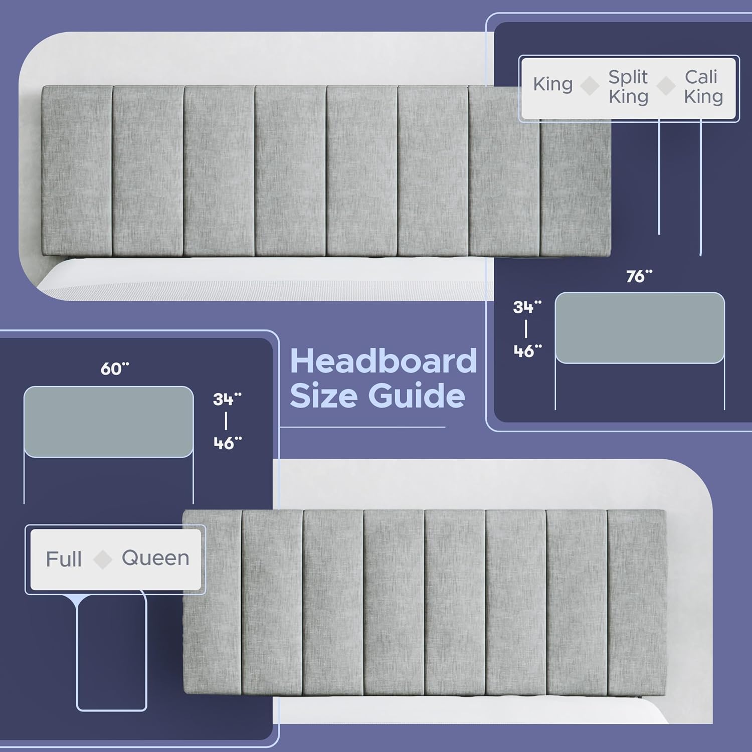 Celestial Sleep Vertical Channel-Tufted Mid-Rise Upholstered Headboard, Wall or Bed Frame Mount - King or California King (Gray)