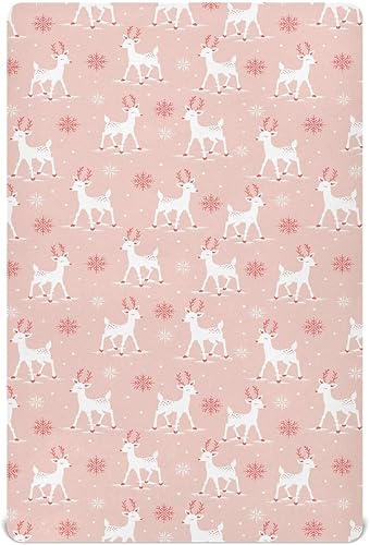Sábanas de cuna rosa con ciervos de Navidad, sábanas ajustables elásticas para cuna para niños y niñas, sábana de cuna unisex acogedora de 27 x 39 x