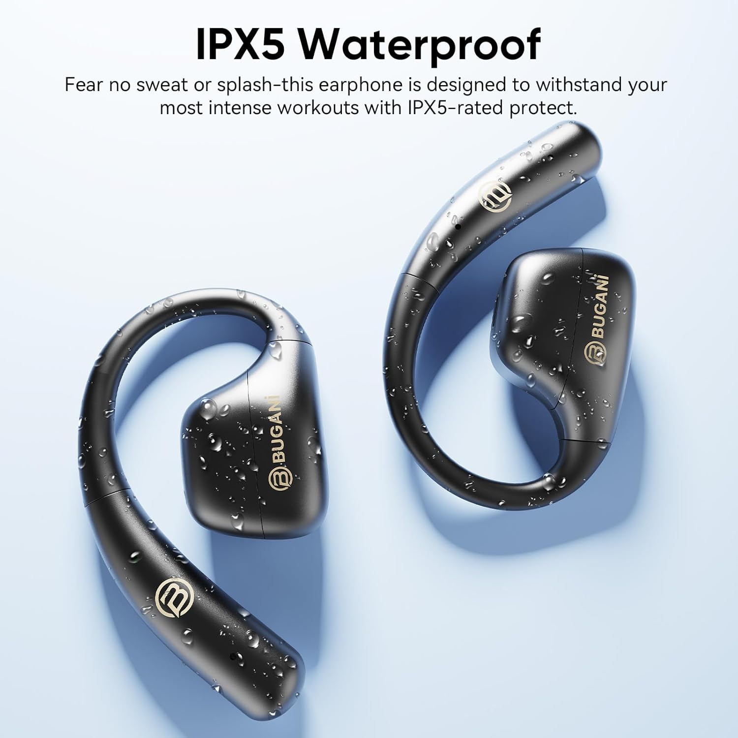 BUGANI Open Ear Earbuds, Open Ear Headphones, Running Earbuds Wireless, Headphones Bluetooth Wireless 5.4, Noise Cancelling Earbuds 50H Playtime, IPX5 Waterproof Earphones for Workout, Running, Sport