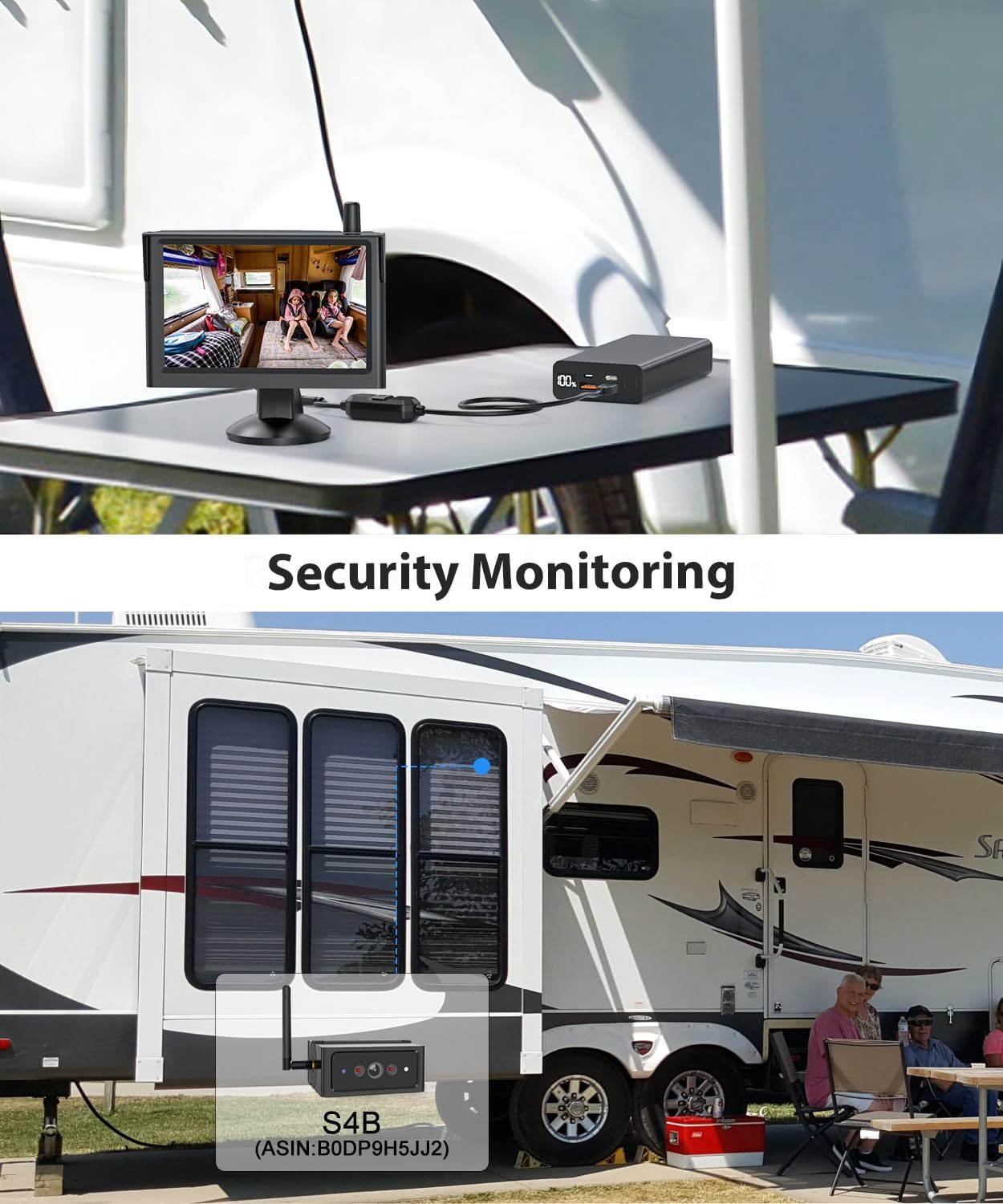 Monitor displaying security footage from a camera mounted on an RV, showing the interior.