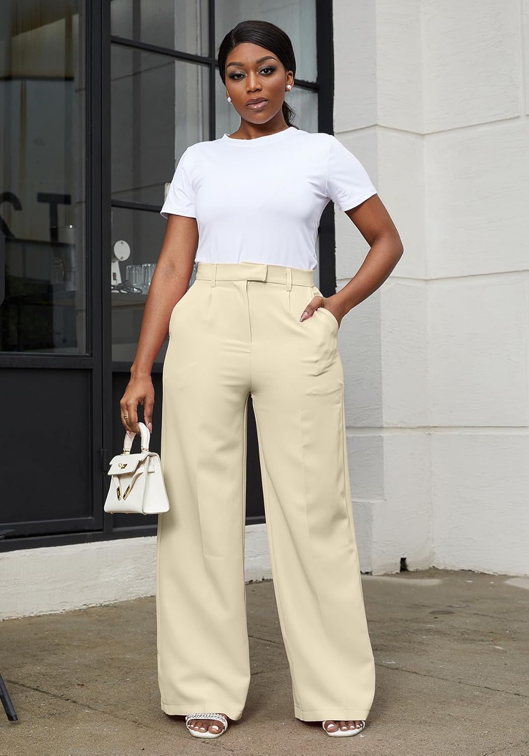 LKOUS Women's High Waisted Straight Wide Leg Dress Pants Stretchy Work Trousers with Pockets Business Casual - Image 8