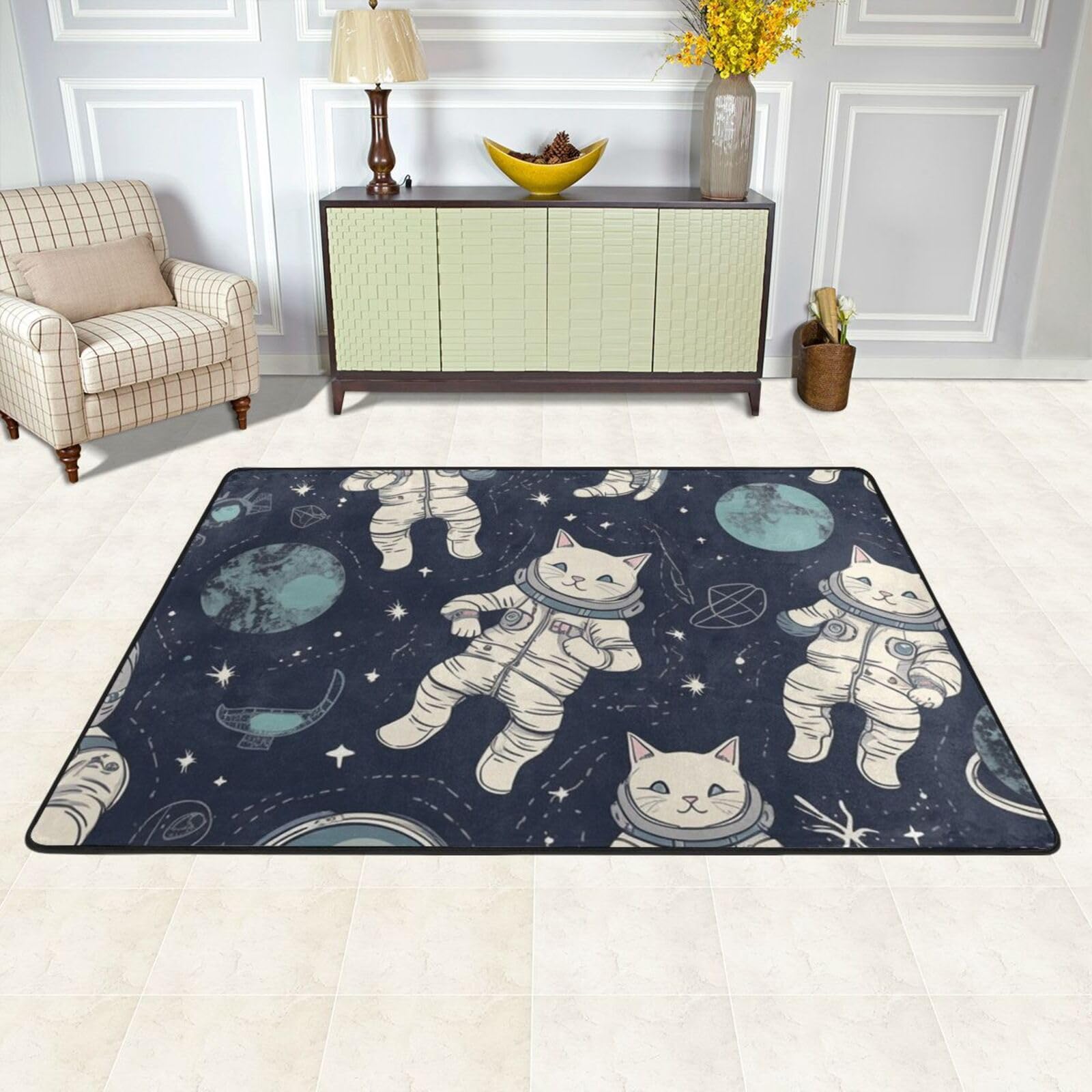 Tapis de sol absorbant chat astronaute lavable et antidérapant pour chambre d'enfant