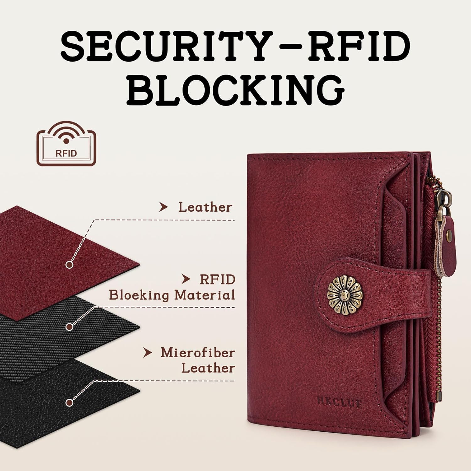 HKCLUF Wallet Women,Small Genuine Leather Bifold Wallet Womens,RFID Blocking Wallet for Women Card Holder Purse With Removable ID Window(red)