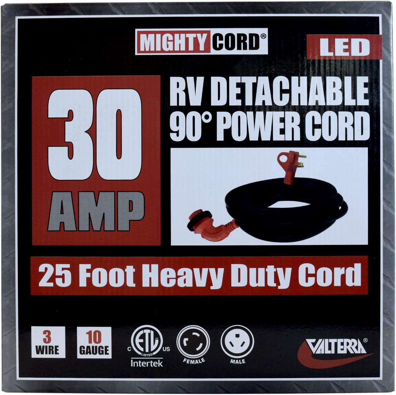 Valterra Mighty Cord RV 30-Amp 90-Degree Detachable Power Cord, 25-Foot Cord for RV, Red