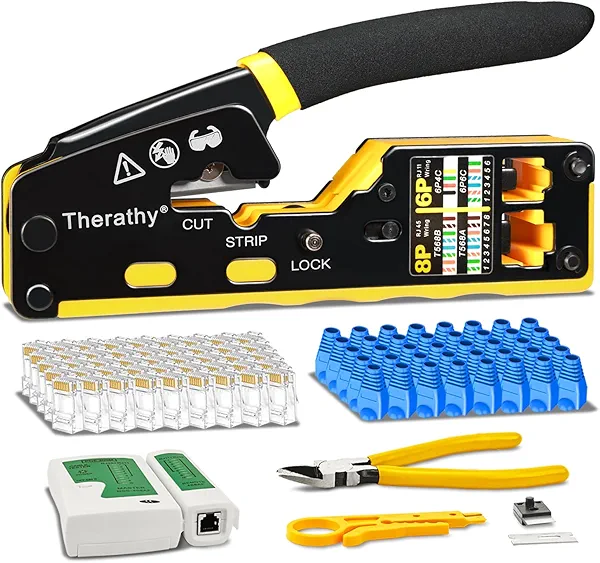 Therathy RJ45 Crimp Tool Pass Through Ethernet Crimper for Cat5e Cat6 Modular Plugs, All-in-One Cat6 Crimping Tool