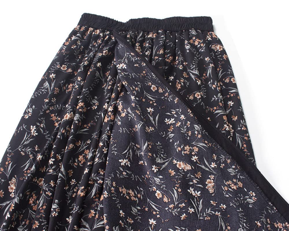 Faldas De Invierno para Mujer, Falda Floral Irregular Design Sense Faldas De Invierno Negras Cintura Elástica Falda Midi De Talle Alto Faldas Plisadas para Muje(Black)