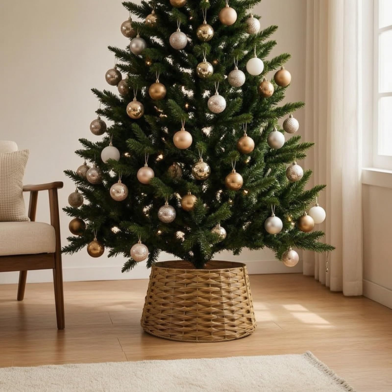Copri Base Albero di Natale con Motivo Intrecciato da 40 Cm a 53 Cm Alto 26 Cm per Supporto Metallico Cavi in Soggiorno Camera da Letto