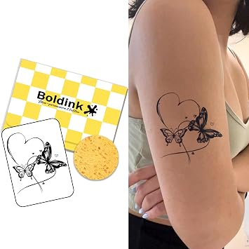 Temporary Tattoos, Semi-Permanent Henna Tattoo, 2-Piece Set, 2 Weeks Long-Lasting, Waterproof, Womens, Heart, Butterfly