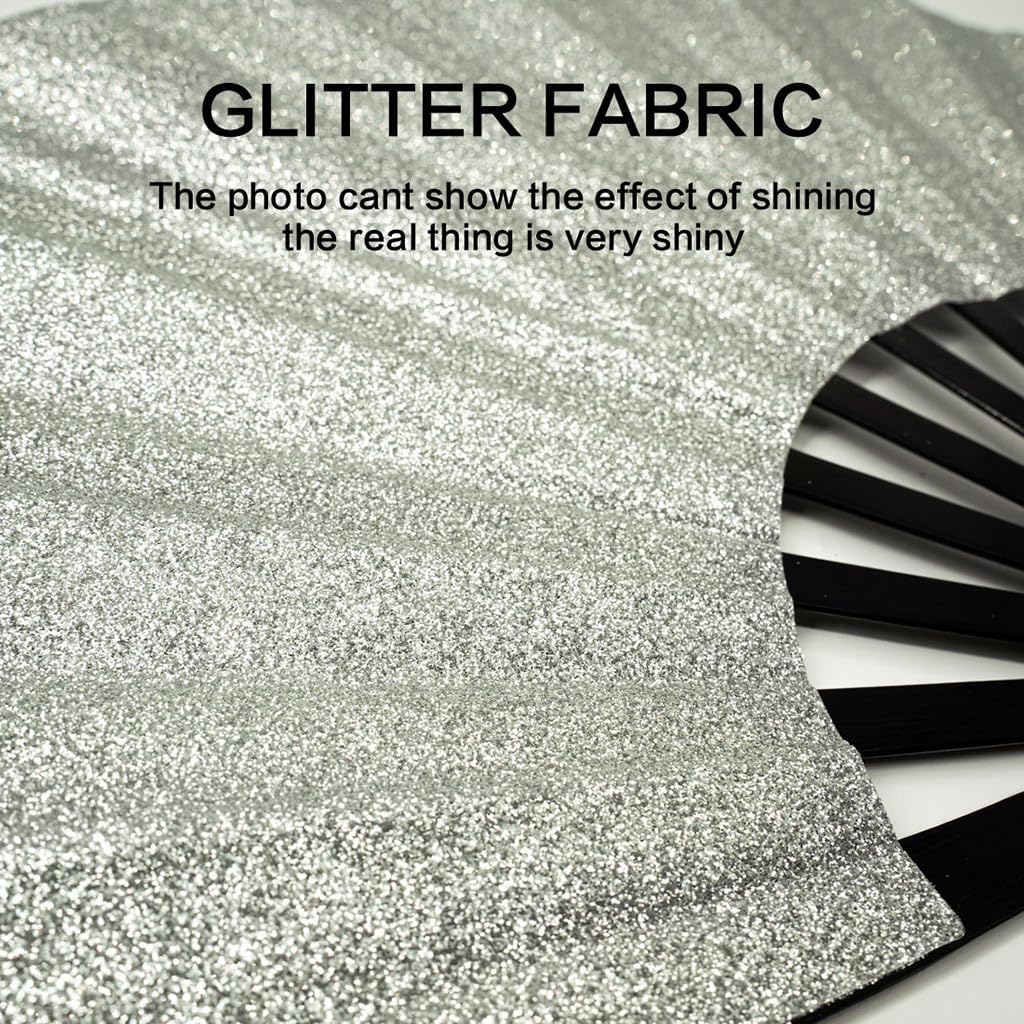 Glitter Large Rave Folding Clack Hand Fan with Holster, Popping Handheld Fan Foldable for Men Women for EDM Festival Club Party Dance, (Silver, Medium 11")