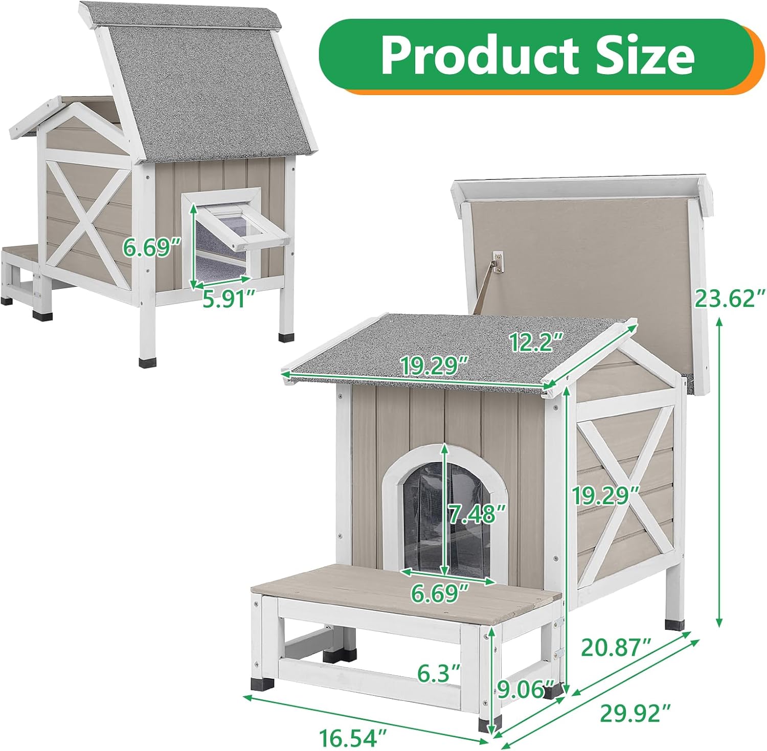 PetsCosset Outdoor Indoor Cat House Weatherproof Wooden Feral Cat Shelter with Openable Asphalt Roof, Large Balcony, Escape Door, Cozy Scratch-Resistant Fabric Lining