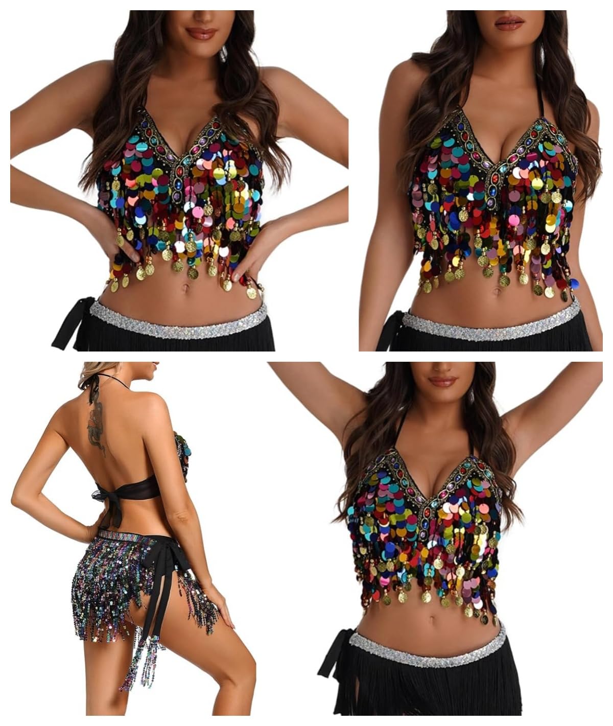 Sujetador con lentejuelas para danza del vientre, top corto brillante cuello halter flecos