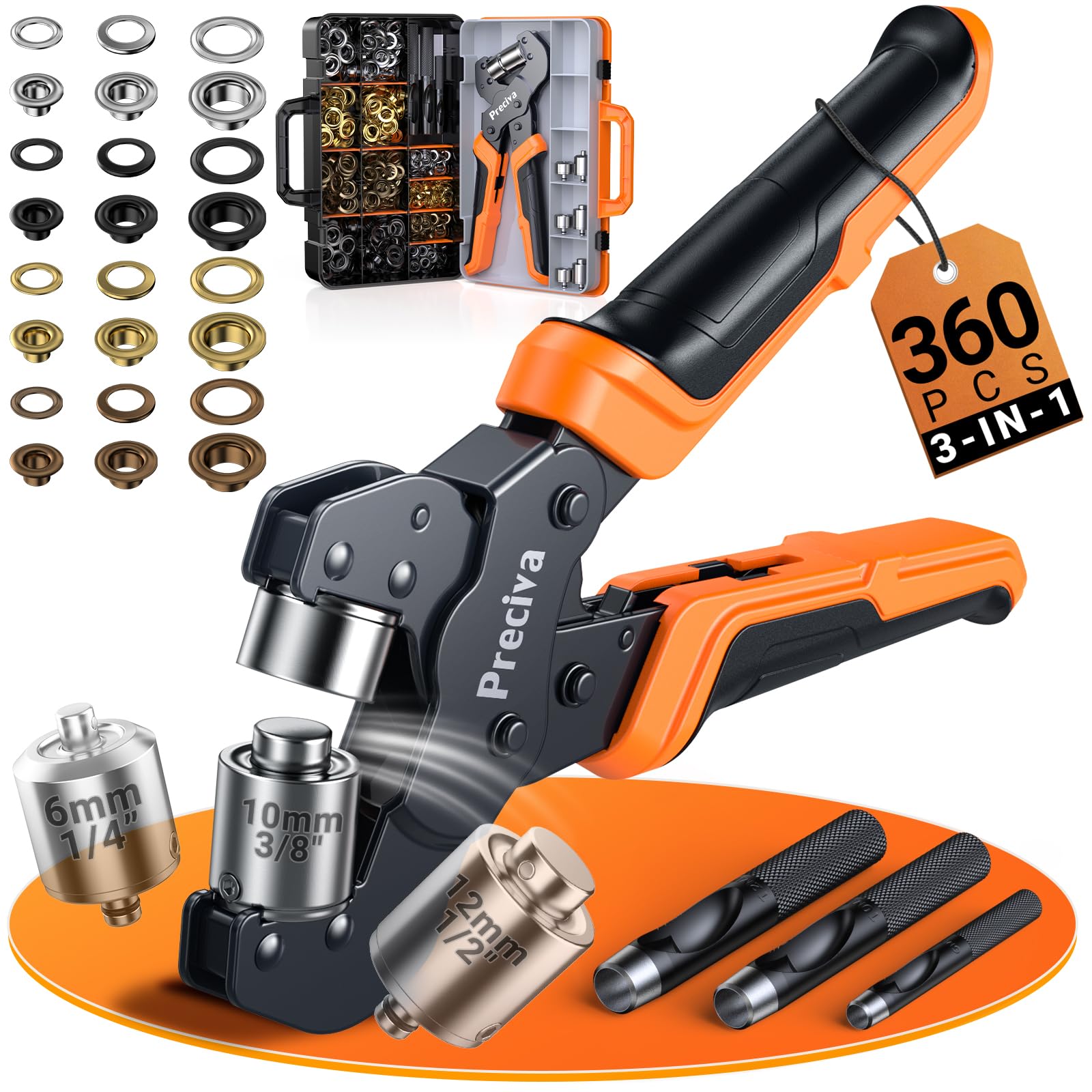 Preciva Ösenzange Set mit Magnet-Schnellwechselköpfen (Ø 6/10/12mm), 360 Ösen in Silber/Gold/Kupfer/Schwarz + Lochwerkzeug – Ideal für Planen, PVC-Banner, Vorhänge & Markisen