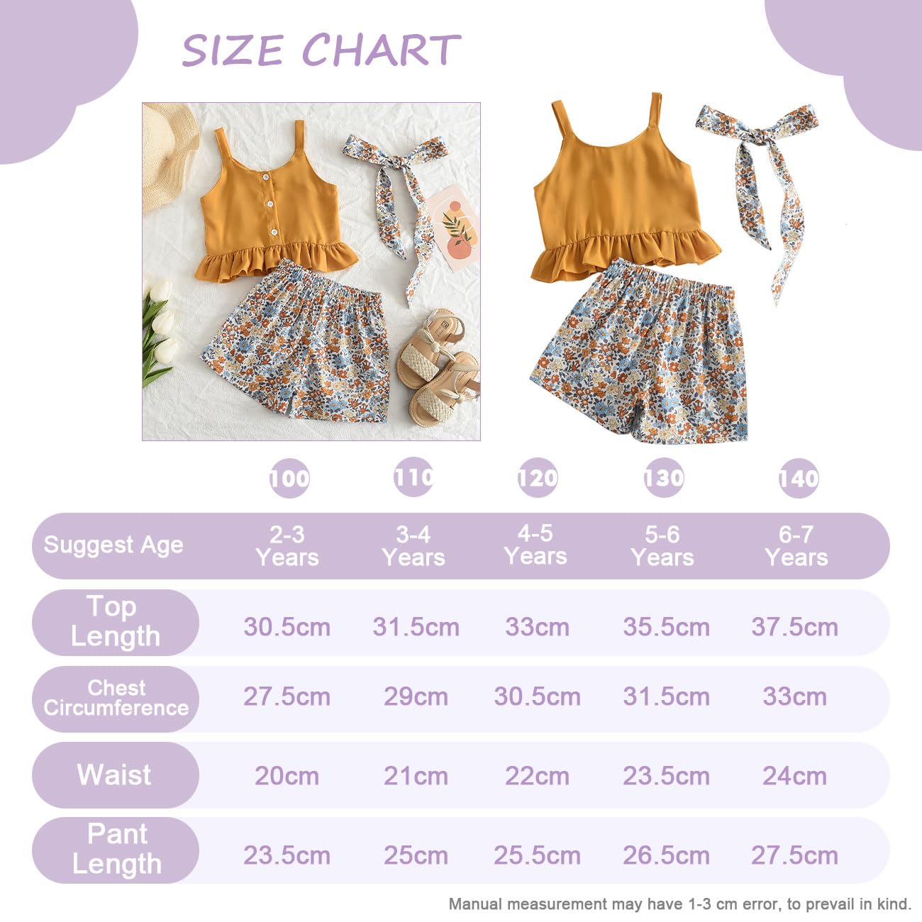 Conjunto de Ropa para Niñas con Top + Pantalones Cortos Florales + Tirantes Ajustables, Camisetas sin Mangas con Volantes, Pantalones con Estampado floral para 3 a 7 Años, Amarillo