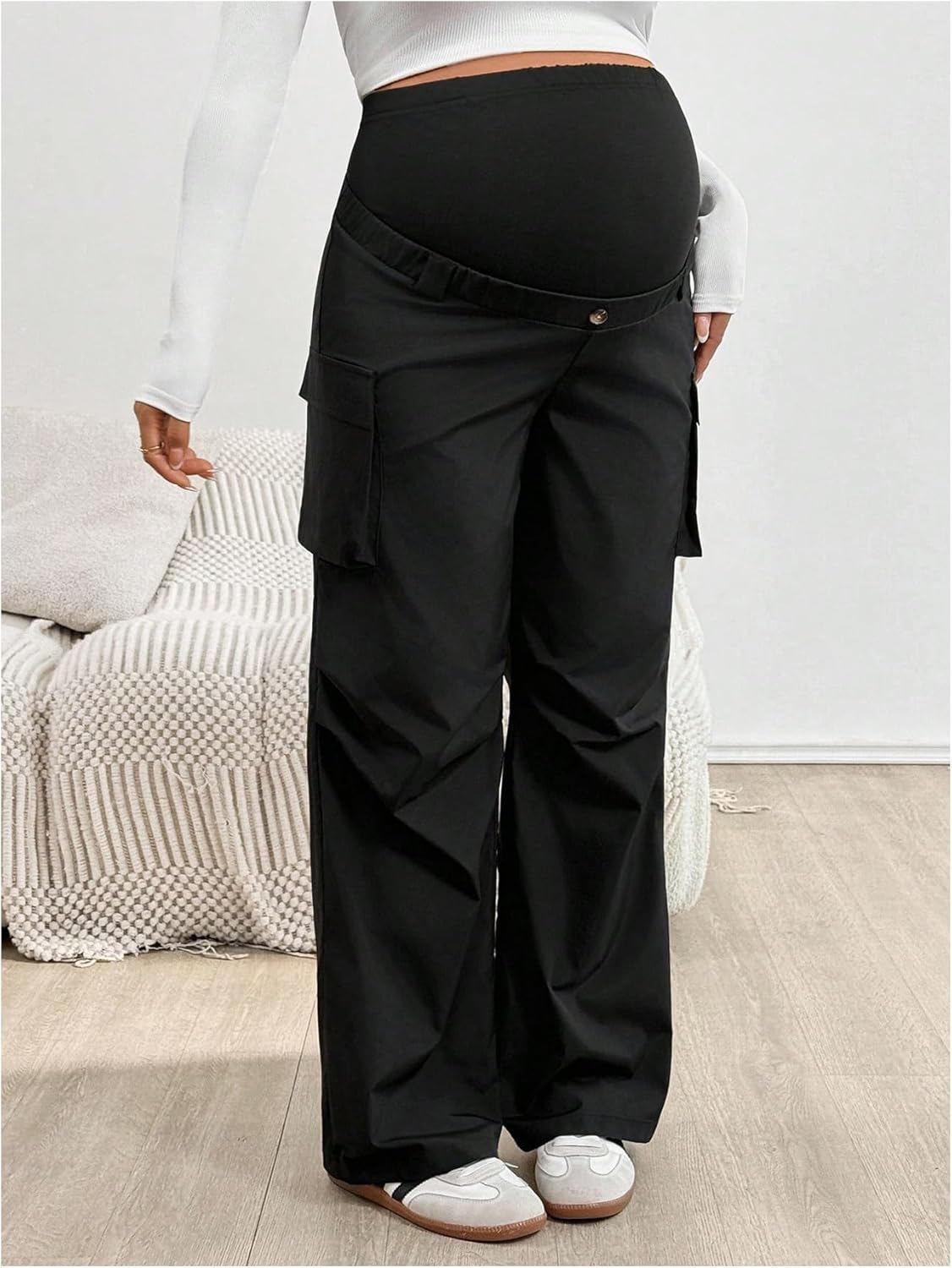 MakeMeChic Women's Maternity Cargo Pants High Waisted Wide Leg Pregnancy Trousers Streetwear - Image 4