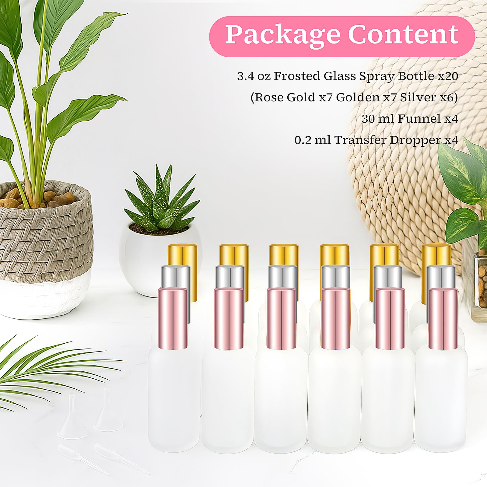 Set di 20 bottiglie spray in vetro da 100 ml, vuote in vetro con nebulizzazione fine, design opaco, bottiglie spray ricaricabili per viaggi, profumo liquido, articoli da toeletta, bottiglie di toner