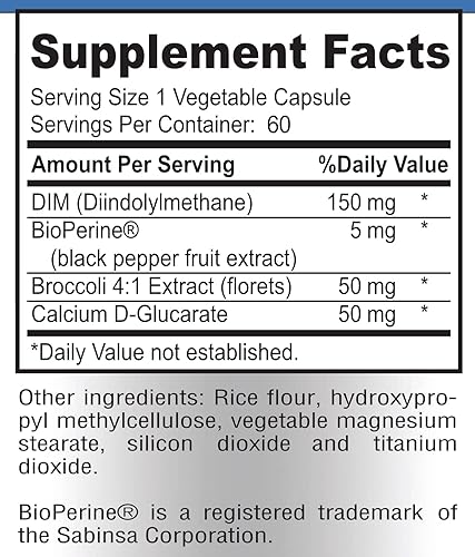Miniatura 5 de YUMMYVITE Suplemento DIM  150 mg DIM (diindolilmetano), brócoli, D-glucarato de calcio y bioperina  Balance hormonal para hombres y mujeres,