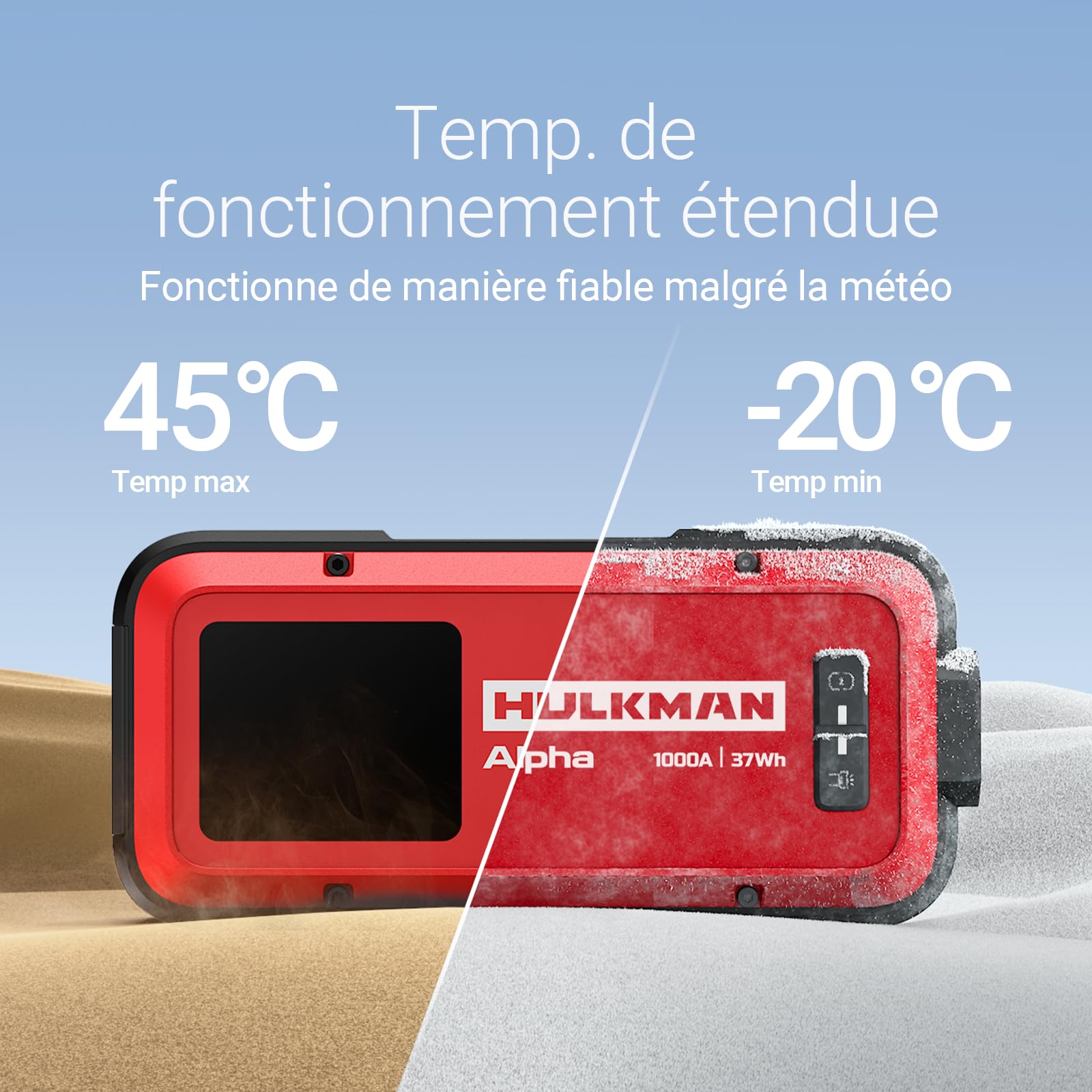 HULKMAN Alpha Ultra Red Démarreur 1000A 37Wh,Compact et Élégant,Boîtier de Démarrage 12V avec Câbles,Recharge Complète en 45 Min, Veille 24 Mois,IP65, Écran LED,pour Moteurs Essence 6.5L / Diesel 3.0L
