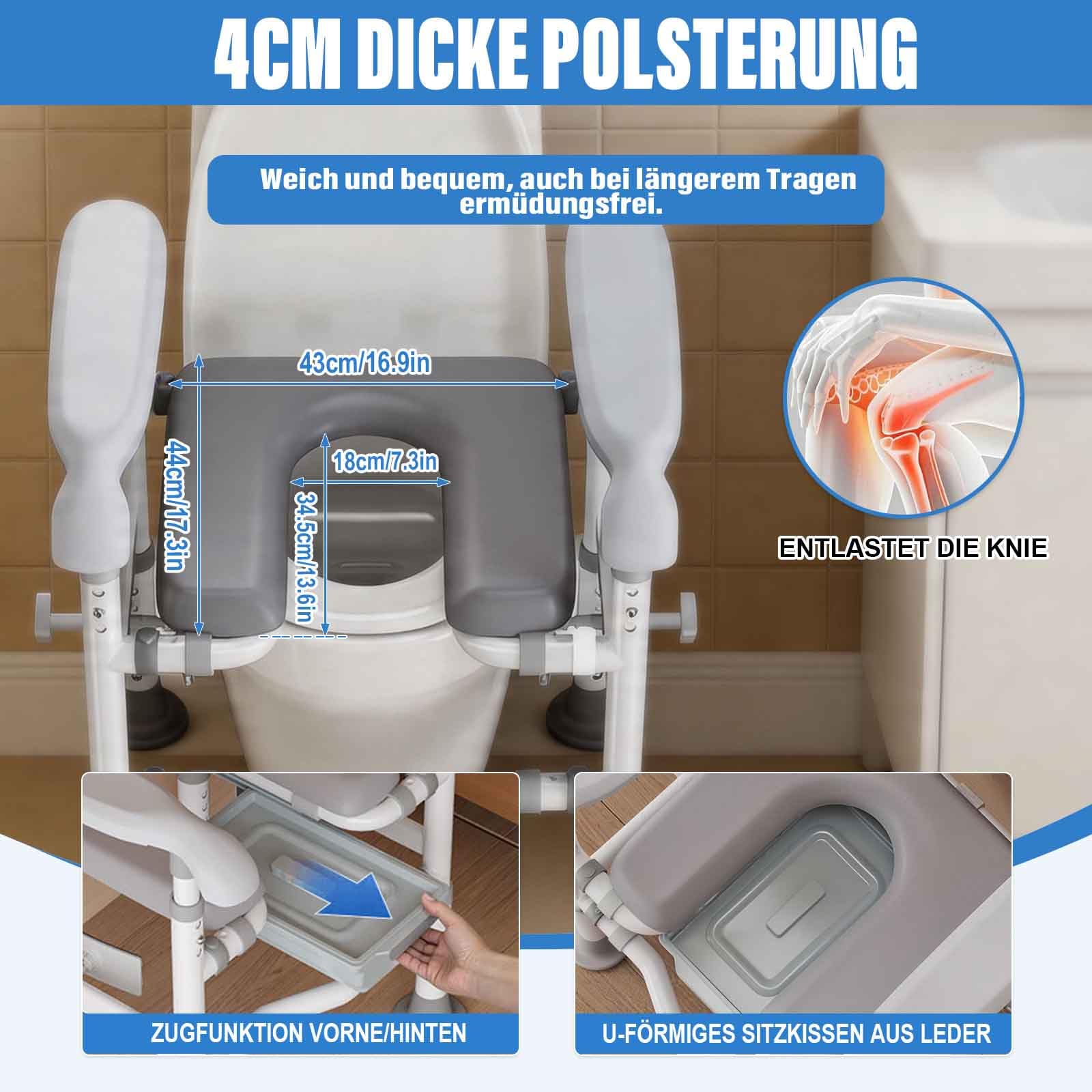 NJUN Toilettenerhöhung mit Unabhängig Verstellbare Armlehnenhöhe, 4-in-1 WC Sitzerhohung für Senioren bis 200 kg, Verstellbare Höhe & Breite Toilettenstuhl mit Gepolstertem Sitz und Abnehmbarem Eimer