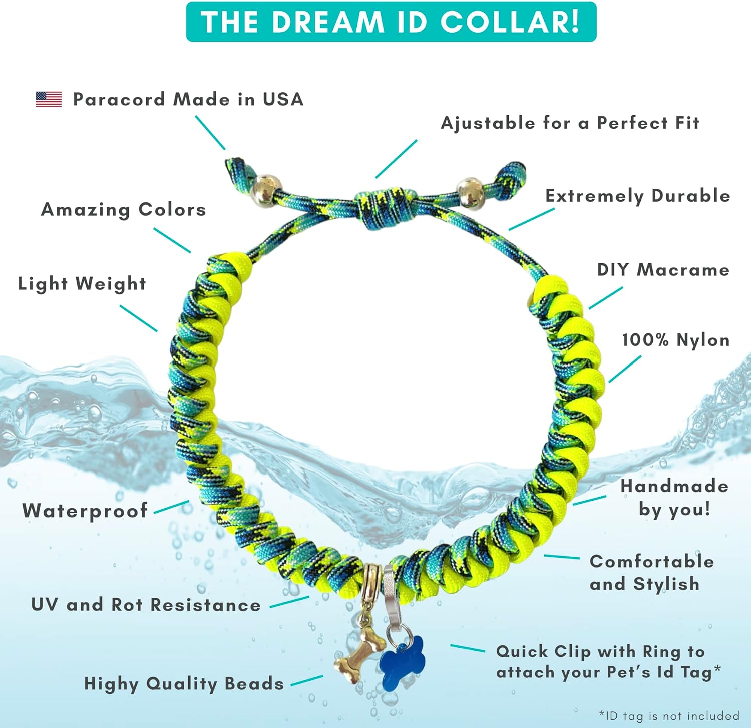 CORDA Crafts - Paracord Kit - Complete Accessories for Making Necklace Dog and Owner Matching Bracelet - Easy Video Tutorial - Waterproof Pet ID Tag Clip Included - X-Large Dog, Ocean