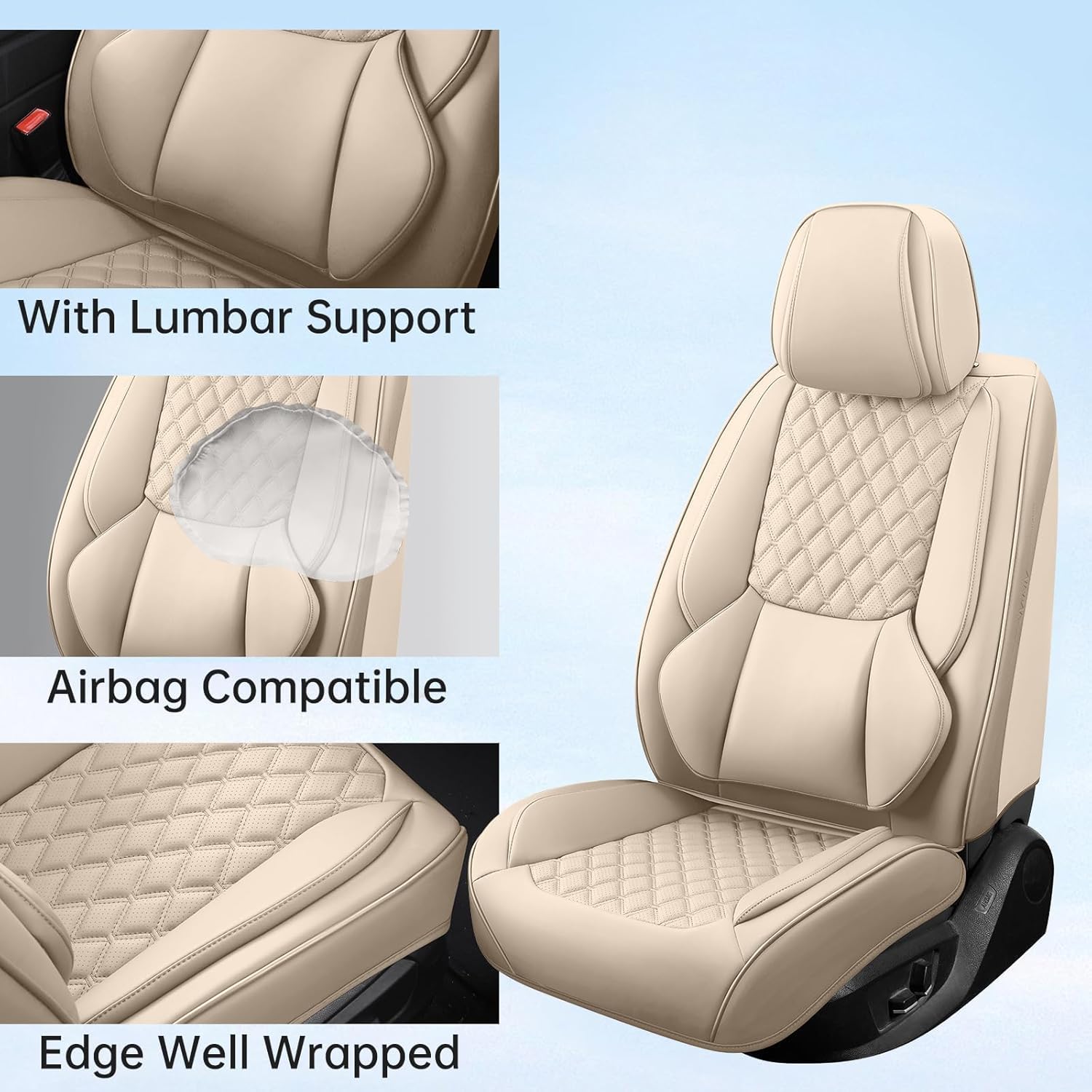 Car Seat Covers, Luxury Faux Leather Waterproof Non-Slip Seat Protector Universal Fit for Most Cars SUVs Trucks Pick-ups,Car Interior Accessories (Beige, Full Set)
