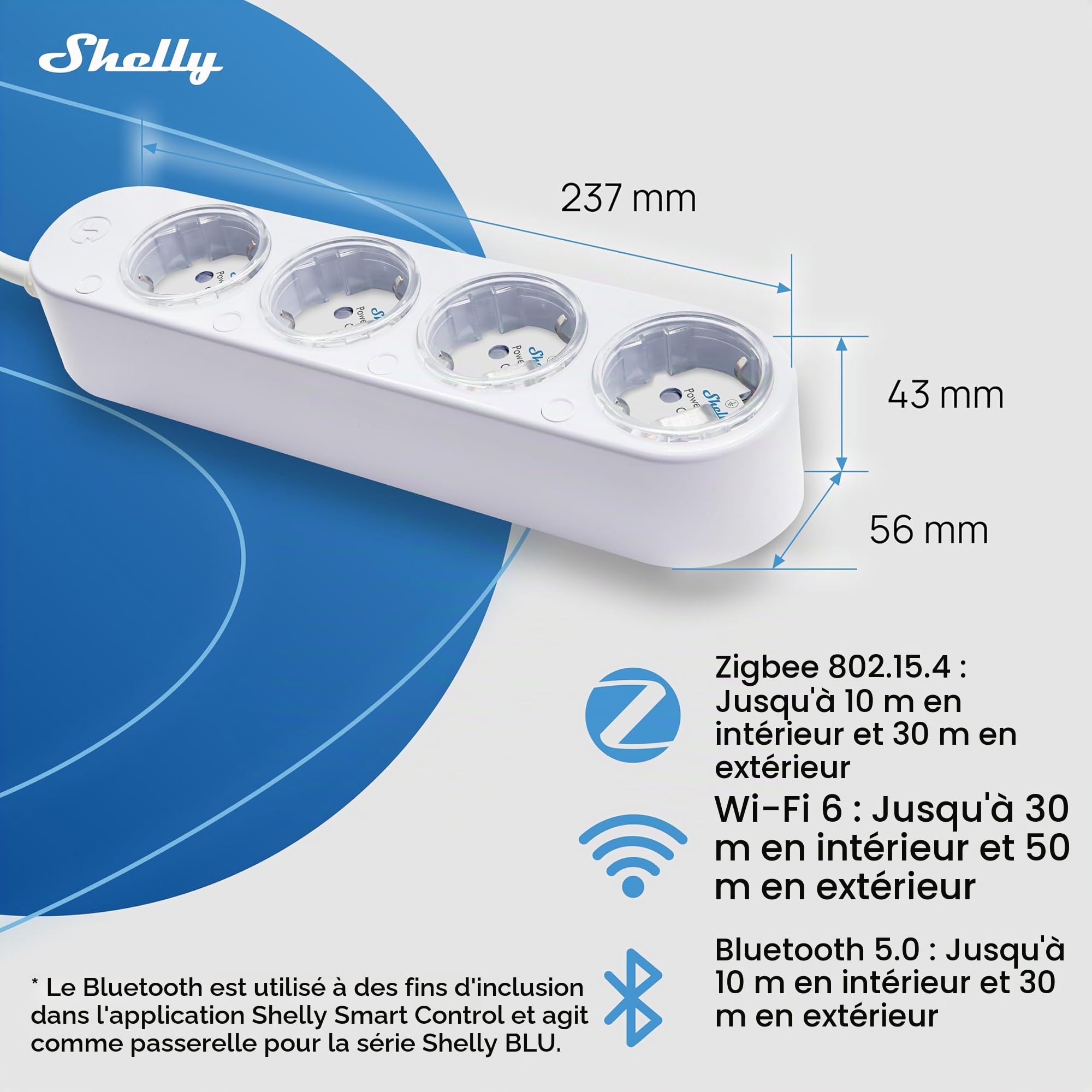 Shelly Power Strip 4 Gen4 Blanc - Multiprise connectée Zigbee et Matter 150 cm, Type F, 4 prises 3680 W, Protection parafoudre et surtension, Commande vocale Apple Homekit, Alexa, Google Home