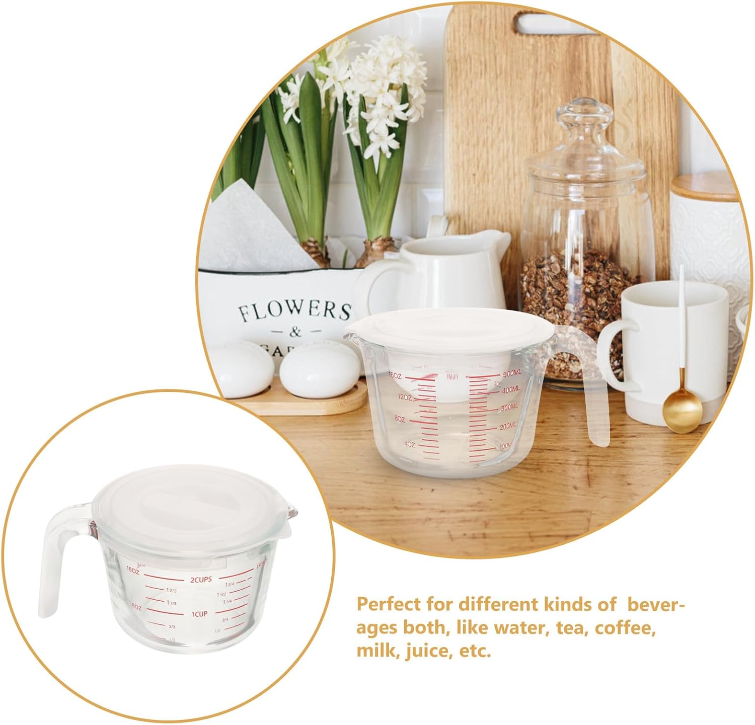 Glass Measuring Cup 500ml with Scale and Handle, Heat-resistant Thickened Borosilicate Liquid Measuring Cup for Kitchen Baking and Milk, Lid Included, Household Cooking Tool