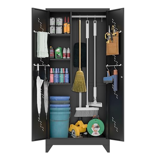 75" Metal Storage Cabinet with Lockable Doors, Functional Garage Storage Cabinet, Tool Cabinet Garage Organization Cabinet with Hanging Rod & S-Hooks (75" Utility Cabinet)