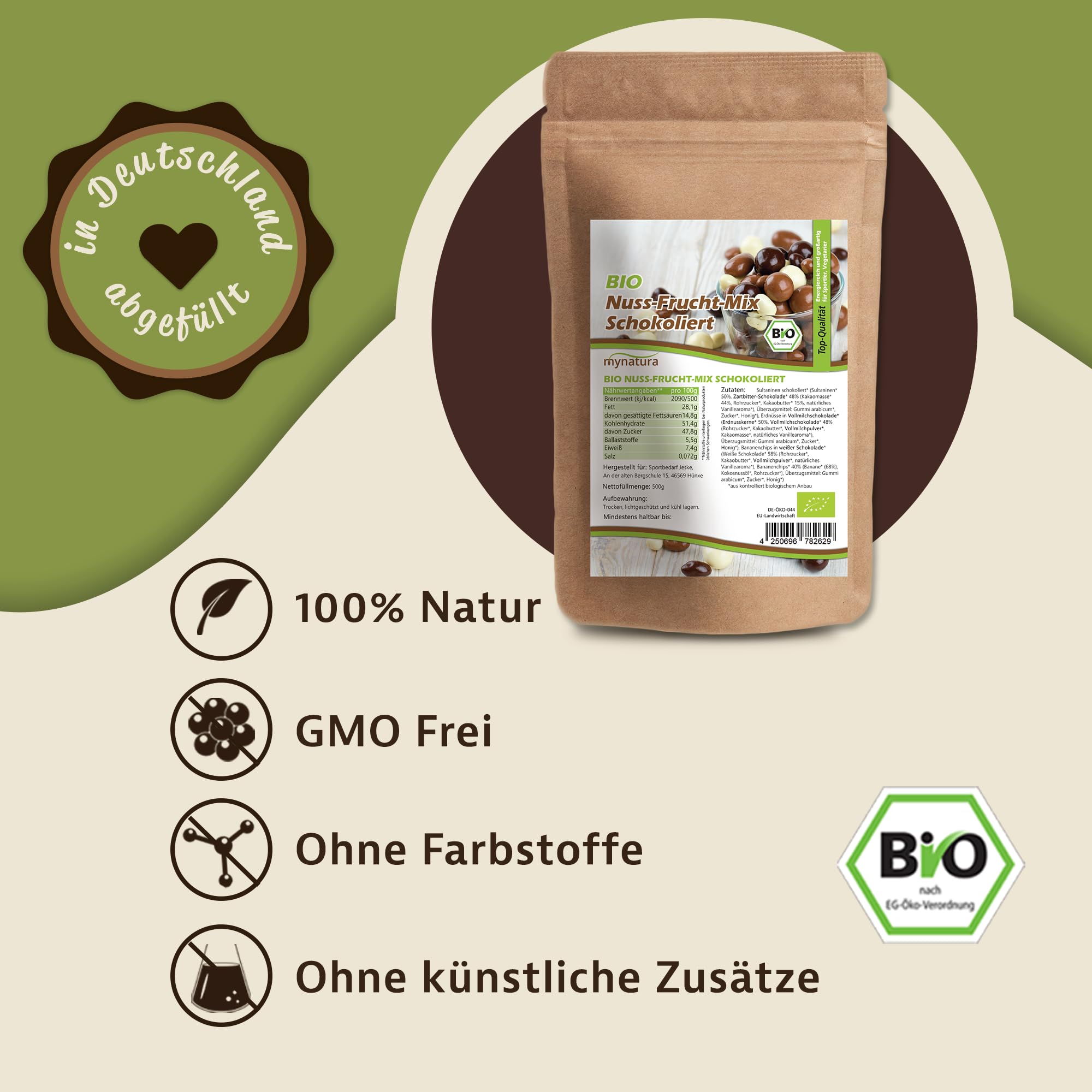 Mynatura Bio Nuss-Fruchtmischung schokoliert I Fruit-Nut-Mix I Früchte I Nüsse I In Schokolade I Snack I Nussmischung I Beutel (2000g)