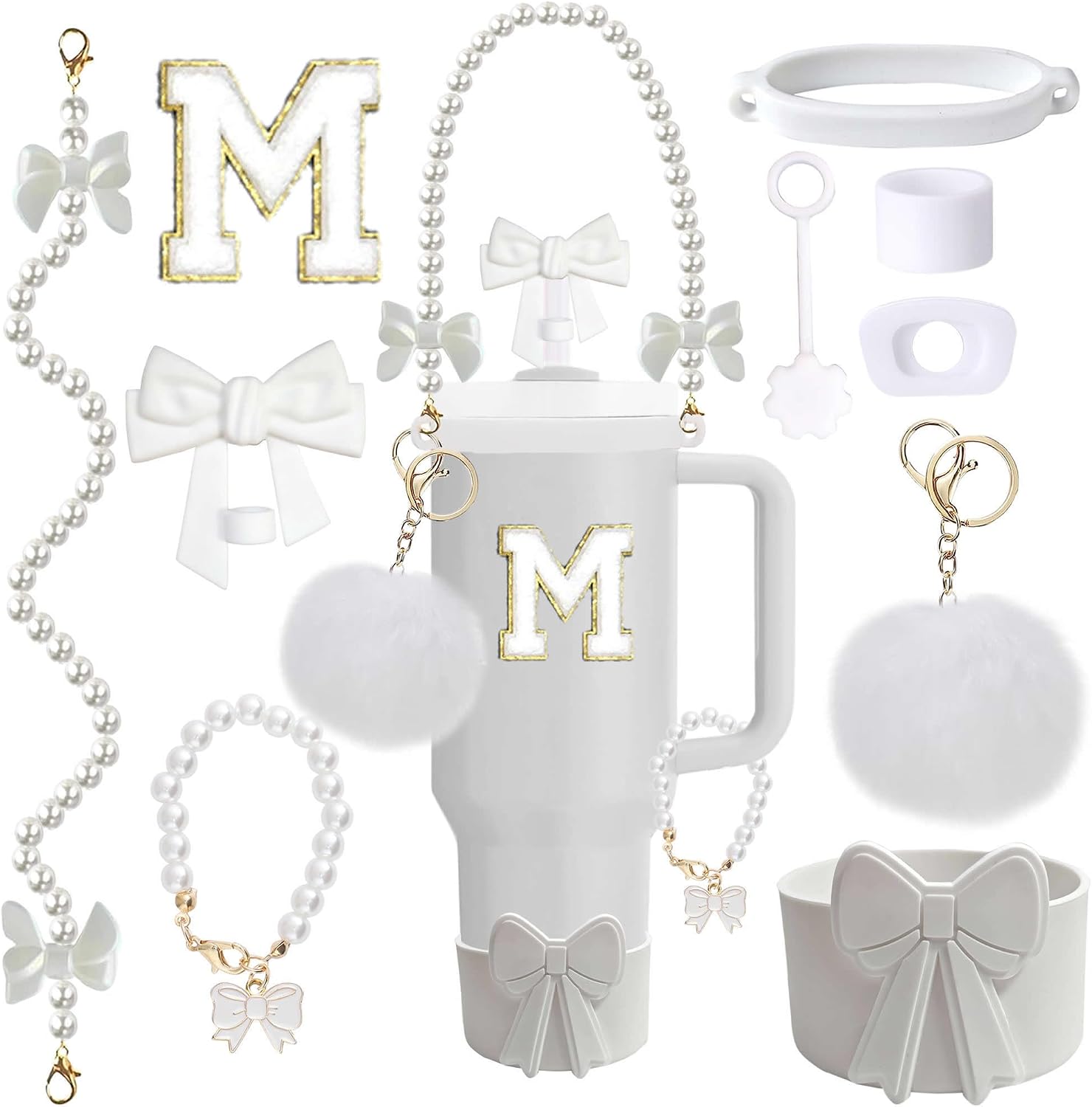 Accessories Set for Stanley Cup 30&40oz, Bow Strap, Boot & Toppers White M
