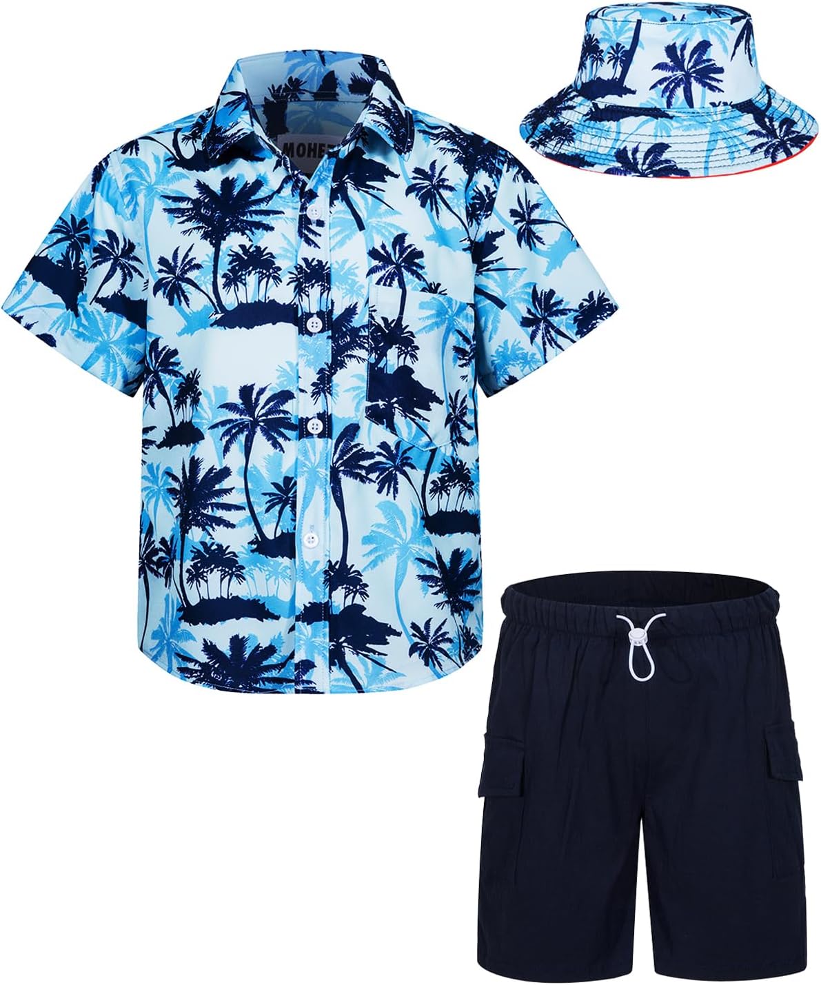 Boys Hawaiian Shirt and Short Set Summer Outfit Kids 2 Piece Clothes Set With Bucket Hat