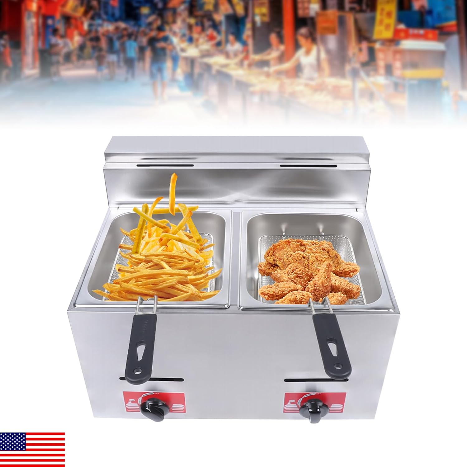 Commercial Countertop LPG Gas Fryer Deep Fryer 2-Basket Countertop Deep Gas Fryer Stainless Steel 6L*2 Deep Fryer for French Fries Restaurant Home Kitchen (US Stock)