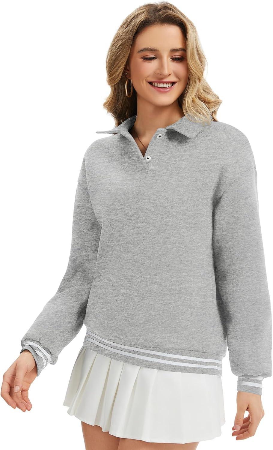 Kissonic Women Fleece Sweatshirts Polo Neck Lapel Long Sleeve Button Color Block Pullover Tops Fall Fashion Outfits - Image 3