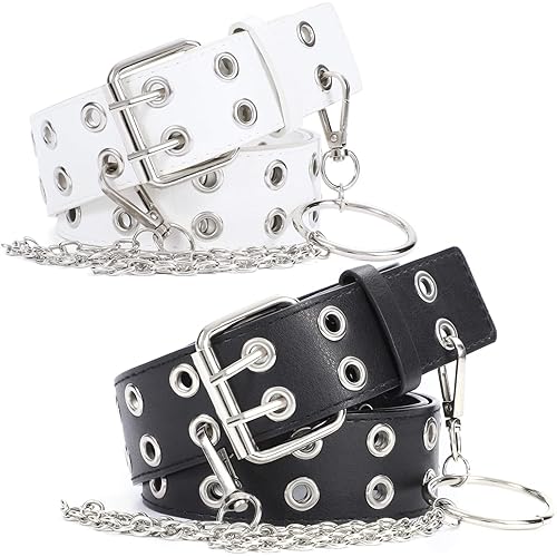 WERFORU 2 Pack Double Grommet Belt PU Leather Punk Belt for Women Jeans