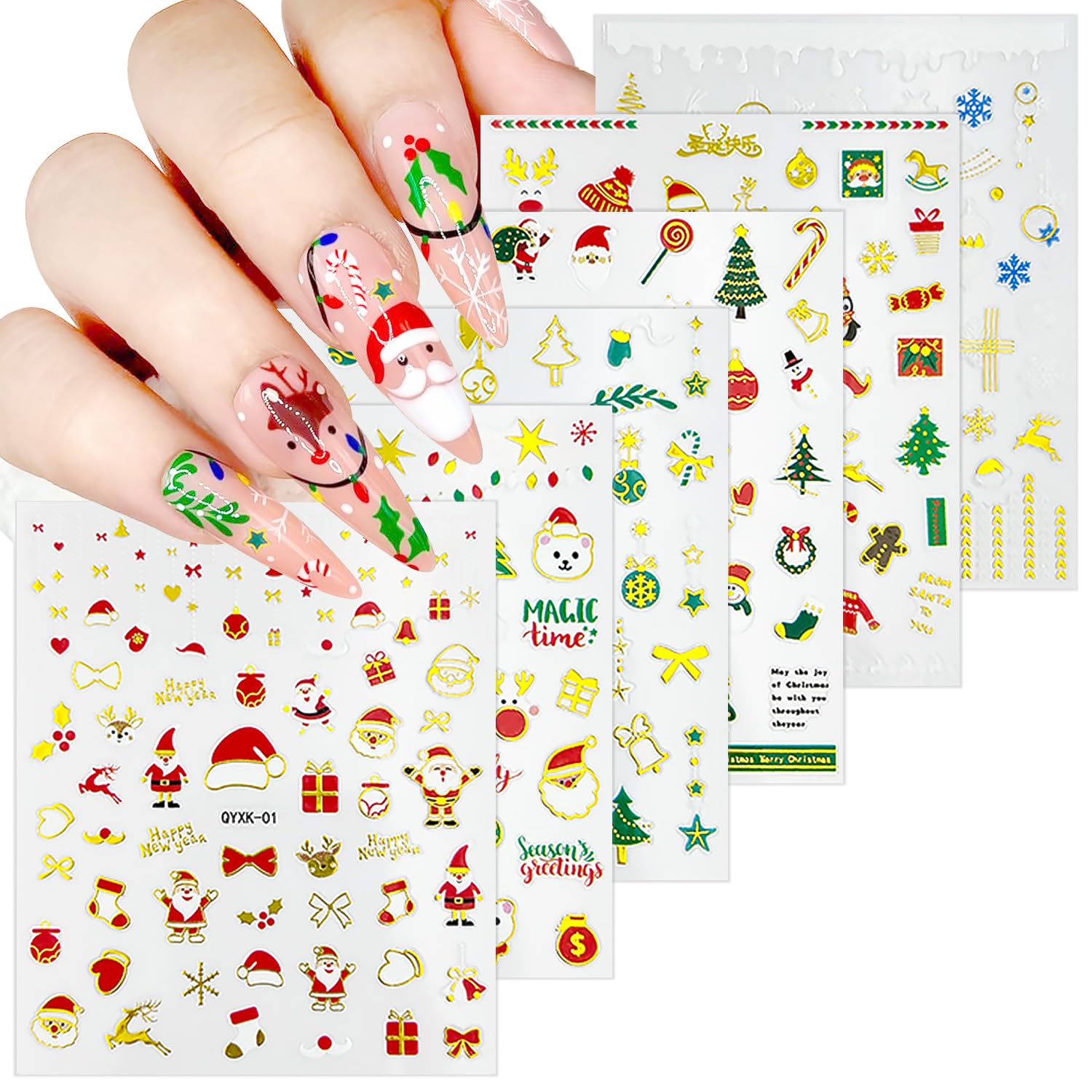 6 Sheets Christmas Bronzing Nail Art Stickers Santa Claus Xmas Trees Gift Elk 3D Self-Adhesive Nail Decals Winter Snowflake Nail Design Stickers