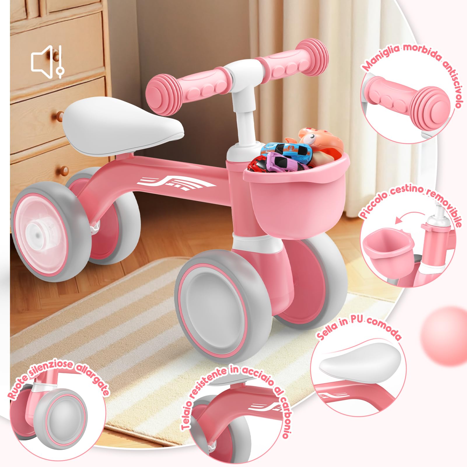 HappyGoLucky Bicicletta Bambini 12-24 Mesi con Cestino, Ruote Colorate, Ultra Leggero, Bicicletta Senza Pedali Giochi Bambina 1 2 Anni, Balance Bike Regalo Bambino 1 Anno, Primo Regalo di Compleanno