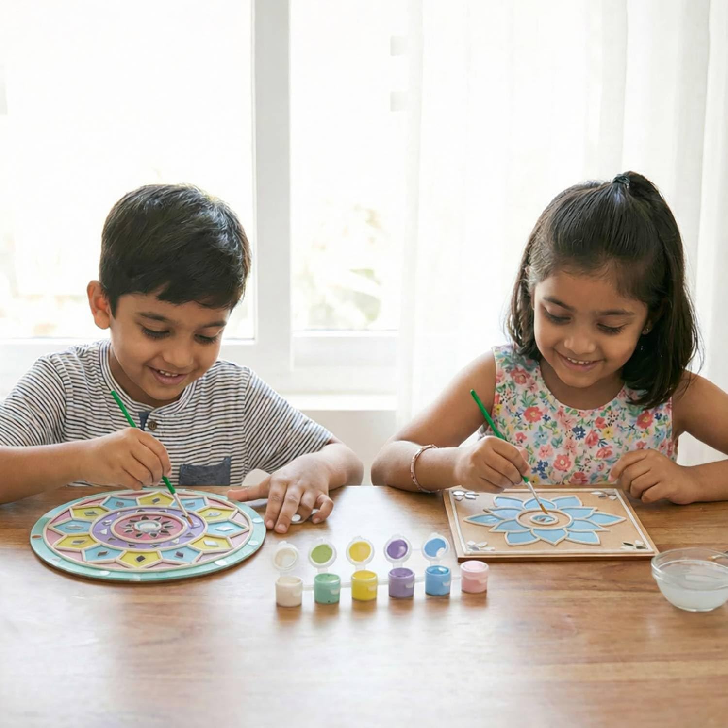 ImagiVibe DIY Mini Lippan Art Kit for Kids & Adults | 2 Pre-Marked 6 Inch MDF Boards | Indian Folk Art Painting Kit with Clay, Mirrors & Pastel Tempera Colours | Creative Art & Craft Kit for Gifting, Artists, Children, Students, Beginners (6inch) 4