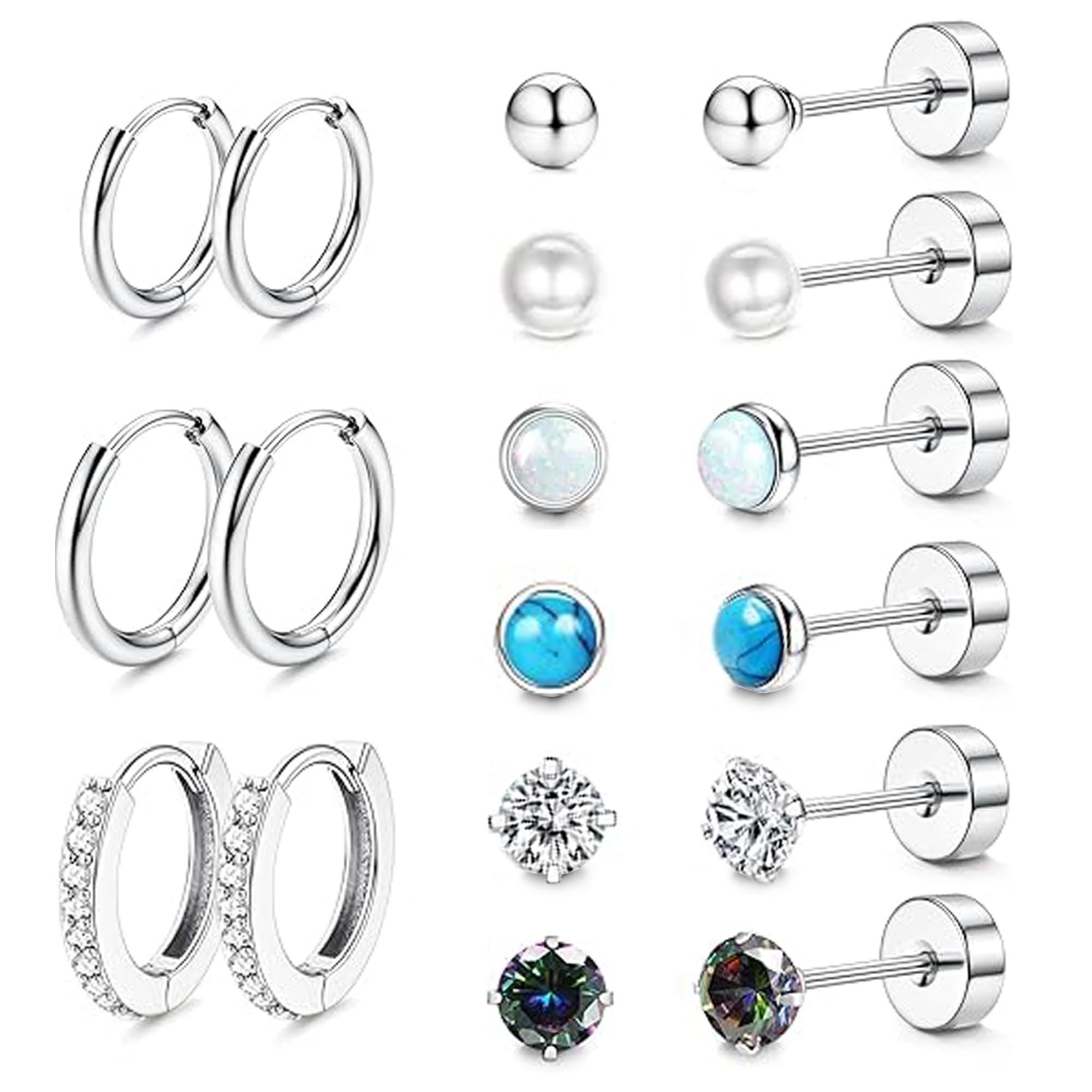 Titanium Earrings for Men Women Titanium Steel Stud Earrings for Sensitive Ears Opal Cubic Zirconia Hypoallergenic Surgical Steel Cartilage Earrings Hoop 20G Flat Back Stud Earrings, Titanium-image-49