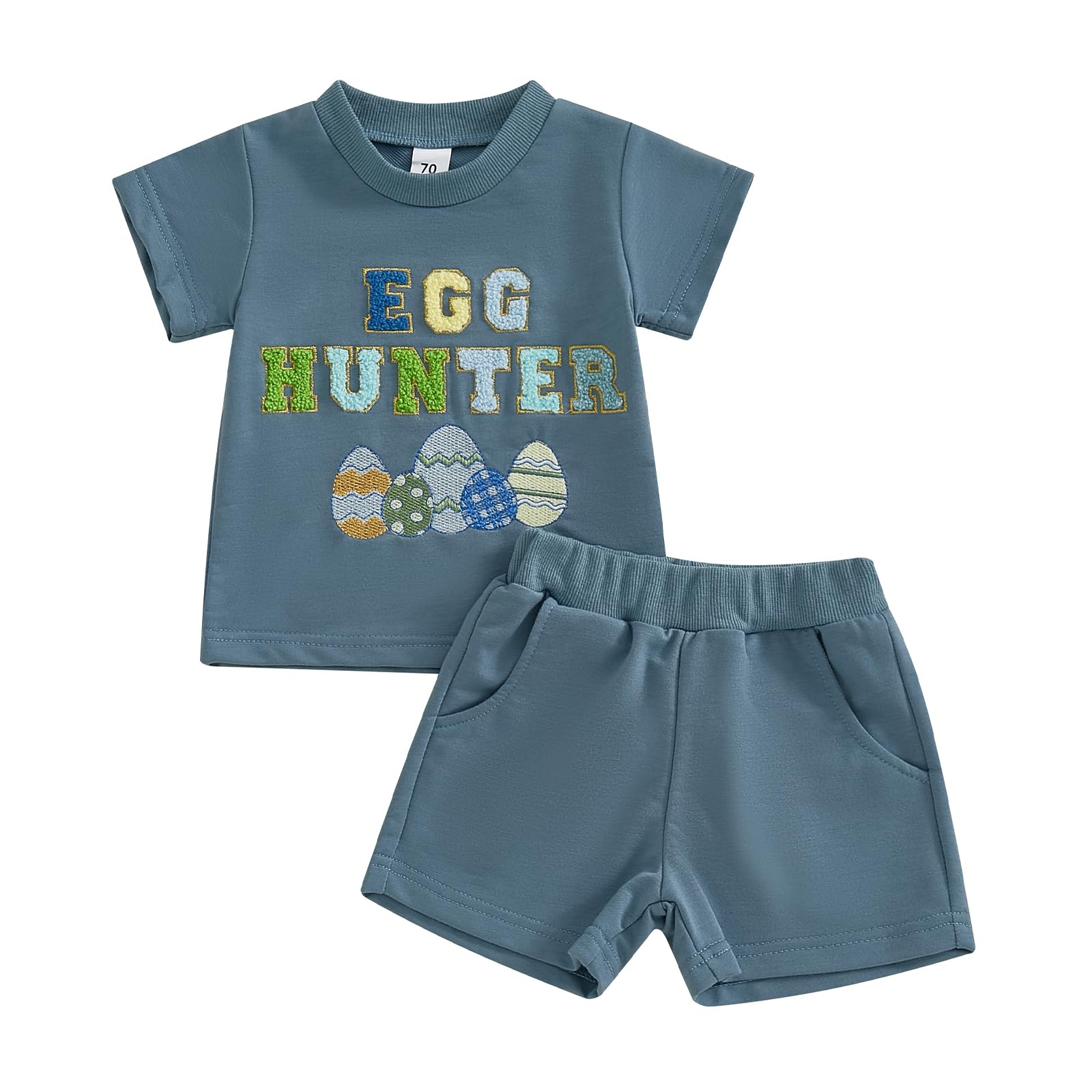 Ayalinggo Baby Boy Girl Easter Outfit Egg Letters Embroidery T Shirt Elastic Waist Pockets Shorts Sets Toddler Summer Clothes (Blue, 18-24 Months)