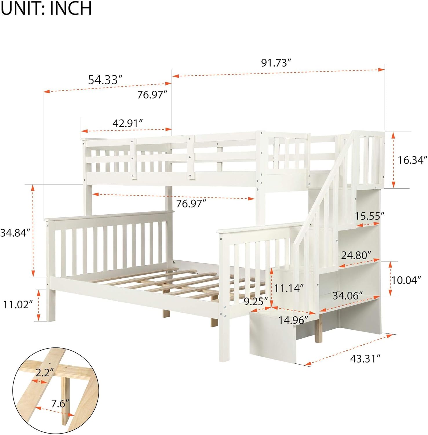 SOFTSEA Twin Over Full Bunk Bed with Shelves and Staircase, Solid Wood Bunk Bed Frame with Drawers, Bunk Bed with Guard Rail for Kids, Can Be Converted into 2 Beds, No Box Spring Needed (White)