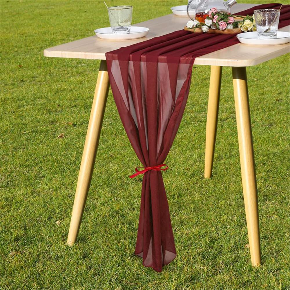 Highdi Claret Chiffon Table Runner Sheer Wedding Table Cloth Rectangle Kitchen Runners For Birthday Party Dinner Baby Bridal Shower Romantic Wedding Decoration (70X300cm,)