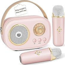 PRUNUS C20 Mini Karaoke Machine Portable Bluetooth Speaker with Wireless Microphone 6 Sound Modes for Adults&Kids Birthday Home Farmily Friends Party Gifts for Girls Boys Friends-Pink